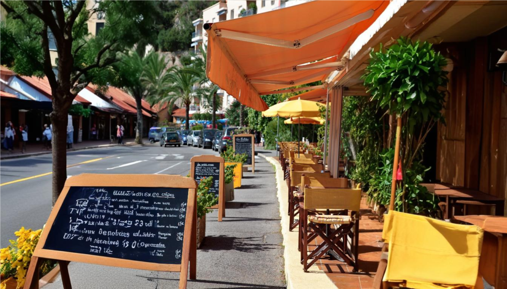 Colorful retractable awnings along a vibrant sidewalk café, creating a cozy and stylish outdoor dining experience.