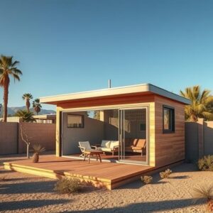 Modern shed house in a sunny Indio, California backyard with desert landscaping and patio seating, ideal for tiny home living.